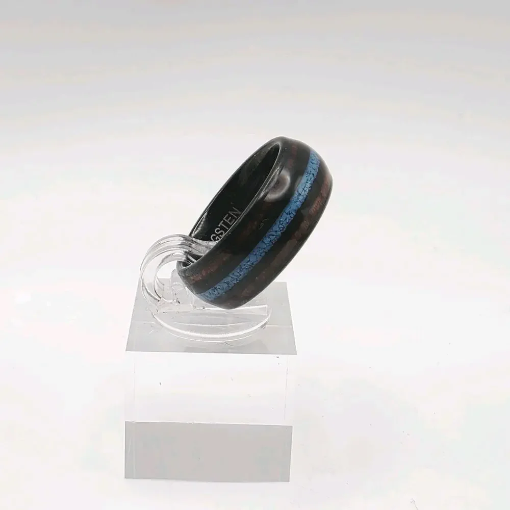 Black Tungsten Ring Men's Wood Wedding Band with Turquoise Inlay Ring Size 7.5
